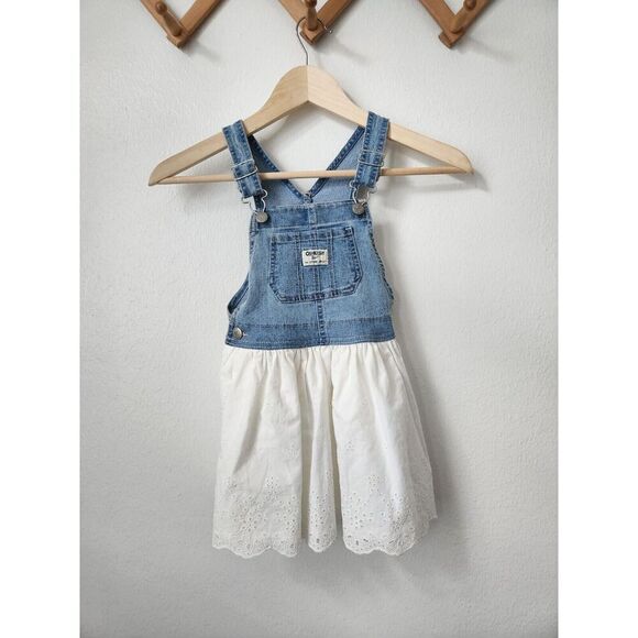 Oshkosh white eyelet faded denim overall‎ little girl dress 4T sweet country - Picture 1 of 8
